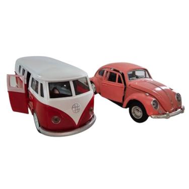 Imagem de Kit Fusc Kombi Miniatura Colecionável Brinquedo Carrinho Metal À fricção Abre Portas (Rosa+Vermelho)