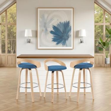 Imagem de Sonia — Banqueta moderna giratória com assento estofado azul e acabamento de madeira de carvalho padronizado, conjunto de 3