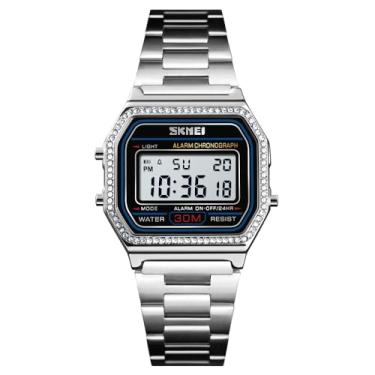 Imagem de MASTOP Relógio feminino clássico, simples, pequeno, eletrônico, de quartzo, quadrado, fino, de aço inoxidável, relógio digital, Prata, Relógio de quartzo, digital