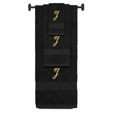 Imagem de Iniciais bordadas personalizadas A-Z - Toalha de banho de algodão felpudo personalizada, conjunto de toalha de mão e toalha de banho - Conjunto de toalhas pretas, letra J com letra Diana dourada