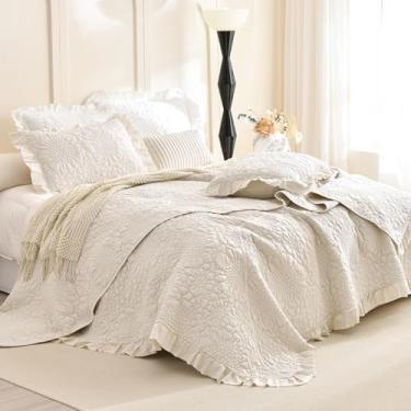 Imagem de Masaca Conjunto de colcha queen grande, boêmio, chique, 3 peças (1 colcha de fazenda e 2 fronhas), conjunto de colcha enrugada com babados de trigo, macio, leve e reversível, colcha