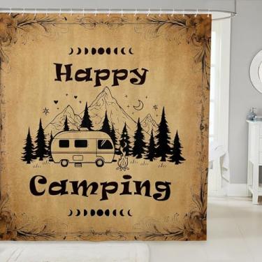 Imagem de Cortina de banheiro Happy Camping, trailer de trailer rústico para crianças, meninos, tema Hunt Adventure, painel impermeável com ganchos para barracas, 182 cm L x 182 cm C
