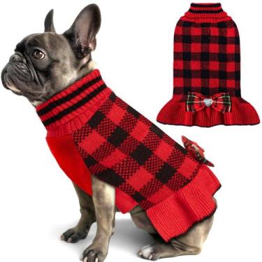 Imagem de Vestido de suéter para cães KYEESE, xadrez de Natal com gravata borbol