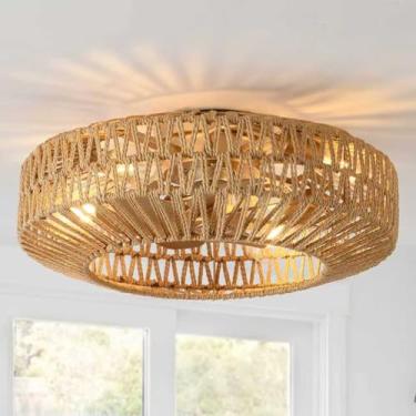 Imagem de OPKMB Ventiladores De Teto Com Gaiola De 22" Com Luzes E Controle Remoto Ventilador De Teto Embutido Estilo Boho Com Lustre De Perfil Baixo Ventilador De Teto Reversível Sem Lâminas De 6 Velocidades