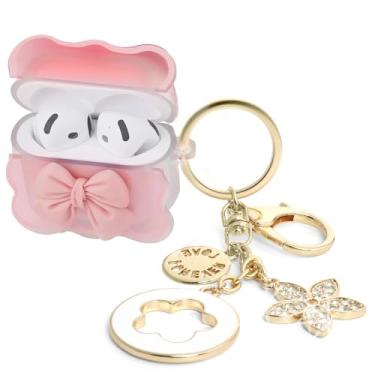 Imagem de Capa fofa para AirPods 4 para meninas e mulheres com laço 3D – Capa protetora de TPU transparente macia com chaveiro e anel, compatível com AirPods 4ª geração 2024 com ANC, capa compacta Kawaii para