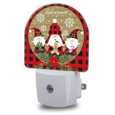 Imagem de FOISIIAEA Luzes noturnas xadrez vermelho e preto buffalo, ligadas à parede, gnomos de Natal, luz noturna, crepúsculo ao amanhecer, lâmpada de LED redonda decorativa para quarto, cozinha, corredor, luz