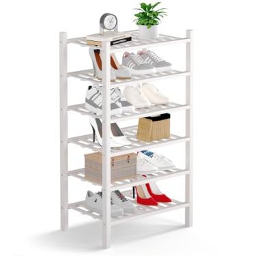 Imagem de Haddockway Pequeno organizador de armazenamento de sapatos de bambu de 6 níveis, prateleira empilhável multifuncional com painel de grade para armário, corredor, entrada, espaço pequeno 46 x 28 x 86