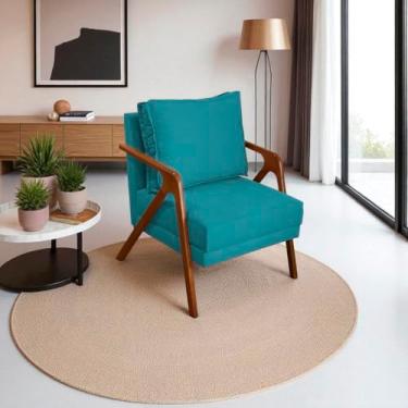 Imagem de Poltrona Para Sala Decorativa Shine Cadeira Reforçada Para Recepção Manicure Sala De Espera Consultório Escritório Confortável Em Madeira Maciça Castanho Suede Cores (Azul-turquesa)