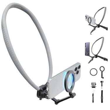Imagem de PGYTECH CapLock Suporte magnético de pescoço para telefones, suporte de telefone de pescoço para iPhone 15/14/13 Seires e Android, suporte de selfie POV/Vlog sem mãos para câmeras de ação DJI, Gopro e