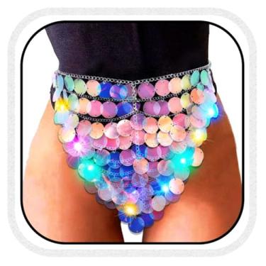 Imagem de COSYDAYS Corrente de cintura de lantejoulas iluminadas brilhantes LED para barriga Rave para mulheres