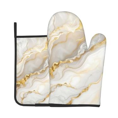 Imagem de Oplp Luvas de forno de mármore de ouro branco e suportes de panela com veias douradas, luvas de forno resistentes ao calor, seguras para assar, cozinhar, churrasco