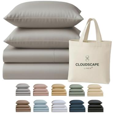 Imagem de Conjunto de lençóis Cloud Scape Linen 100% algodão egípcio 4 peças California King, 400 fios, qualidade hoteleira, sedoso, macio, respirável, durável, bolsos profundos até 17, prata