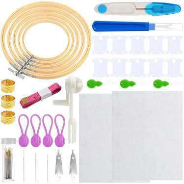 Imagem de Yauhar 61 kit de bordado para iniciantes com agulha, argolas de ponto cruz, pano Aida de 14 unidades, bobinas de fio dental, enrolador de linha, dedal, estripador de costura, clipes de tecido para