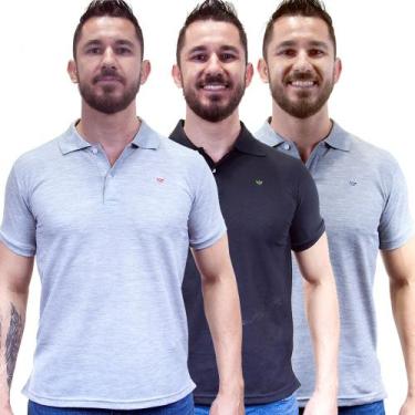 Imagem de Kit 3 Camisas Gola Polo Masculina Piquet Lisa Camisaria Colombo, Cinza