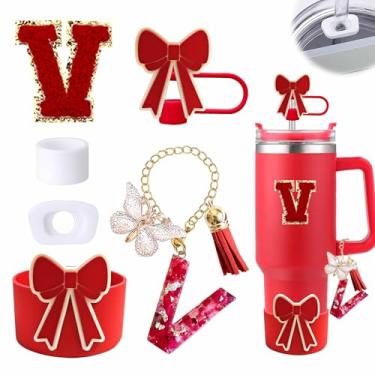 Imagem de Conjunto de 6 peças de acessórios para copo vermelho Stanley Cup 850 g 1,134 g copo com alça, incluindo tampa de cobertura de palha de silicone e bota de laço, tampa à prova de derramamento, pingente