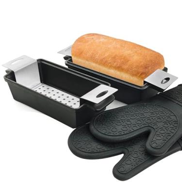 Imagem de Voulosimi Forma de forno de ferro fundido 2 em 1 - 23 x 12,7 cm Conjunto de formas retangulares para assar em casa, conjunto de 2 peças - 1,8 L × 2 peças (tapetes de aço inoxidável, conjunto de 3