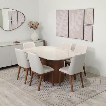 Imagem de Conjunto de Jantar Mesa Retangular com Vidro 6 Cadeiras Kalina - Canella c/ Off White