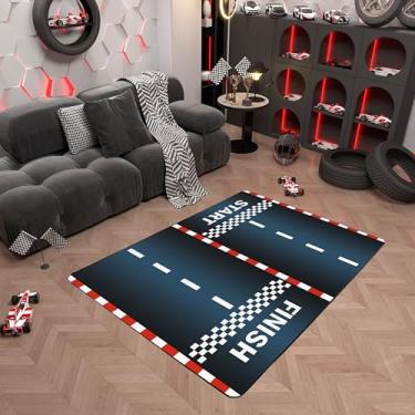 Imagem de Tapete de pista de carro de corrida 1,5 x 1,6 m, tapete de estrada legal para cabeceira sala de estar decoração de sofá, preto, vermelho, branco, grade geométrica, tapete para crianças, meninos, adolescentes e homens