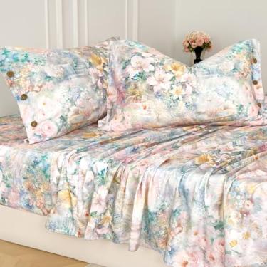 Imagem de Zusbest Jogo de lençol floral king size 400TC 100% algodão tipo flanela quente luxo rosa verde botão conjunto de cama 4 peças, duplo escovado extra macio respirável francês country conjunto de cama