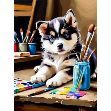 Imagem de Kit de pintura por números para adultos, kit fácil de pintar por números para cães adultos em tela, colorir por números para decoração de parede de casa 40 x 50 cm