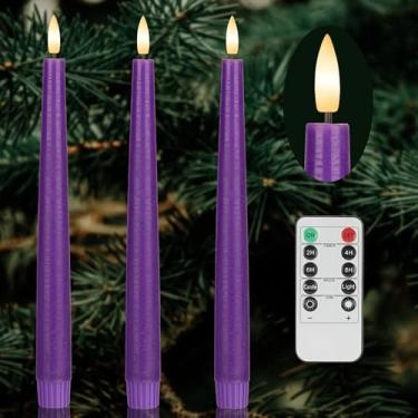 Imagem de AFINETH Velas roxas sem chamas cintilantes, 24 cm de cera real, operadas por pilhas, dia das bruxas, para decoração de casa, festa, pacote com 3