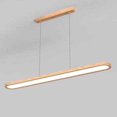 Imagem de Luminária pendente linear de madeira de 39" para ilha de cozinha, luminária pendente de teto LED, iluminação pendente industrial rústica vintage, lustre linear longo de meados do século para