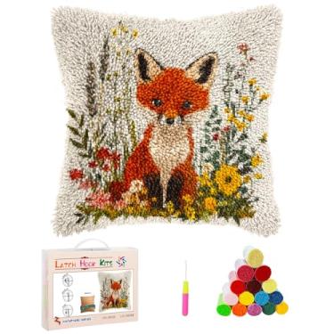 Imagem de Kits de capa de almofada de gancho de trinco DIY linda raposa vermelha em flores estampadas à mão fronha de crochê gancho e trava emboridery almofada para decoração de sofá de casa 43 x 43 cm (4)