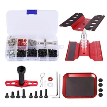 Imagem de Estação de trabalho de reparo de carro RC liga de alumínio com rotação de 360 graus com kit de parafuso e bandeja de parafusos, ferramentas de reparo de chave de roda para modelos em escala 1/8 1/10 1/12 de carros caminhões (vermelho)