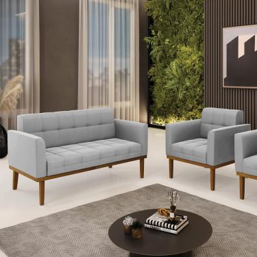 Imagem de Conjunto Poltrona e Namoradeira Decorativas Karen Pés Fixo em Madeira Castanho Suede Cinza G19 - Gran Belo