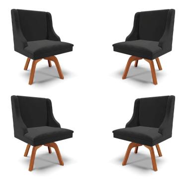 Imagem de Kit 4 Cadeiras Decorativas Sala de Jantar Base Giratória de Madeira Firenze Veludo Preto/Natural G19 - Gran Belo
