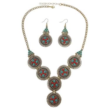 Imagem de Colar vintage oxidado, redondo, vazado, vermelho, azul, turquesa, pingente retrô, brincos pendentes, boêmio, conjunto de joias exóticas tradicionais para mulheres, étnico, boêmio, indiano, dança do