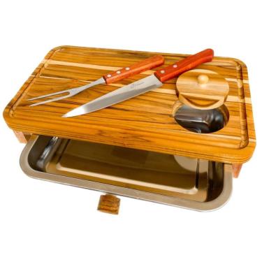 Imagem de Kit Churrasco com Tábua para Churrasco em Madeira com Gaveta, Faca e Garfo, para Corte de Carnes