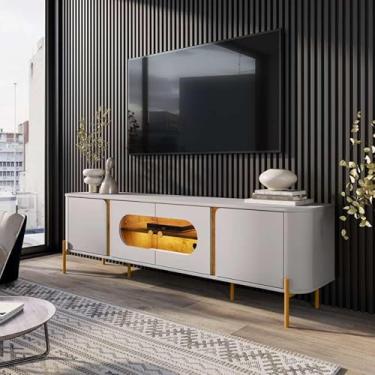 Imagem de Rack para TV de até 75” Multifuncional Serve como Aparador ou Buffet Possui 4 Portas em MDF e Vidro Pés de Ferro LED Interno com Elegância Modernidade e Praticidade (Off White/Nature)