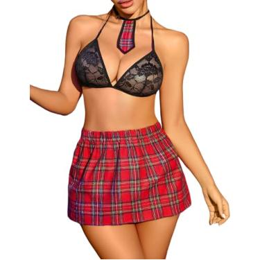 Imagem de Avidlove Conjunto de lingerie para mulheres, sexy, fantasia de Halloween, cosplay, lingerie, minissaia, conjunto de tanga, Preto, Large