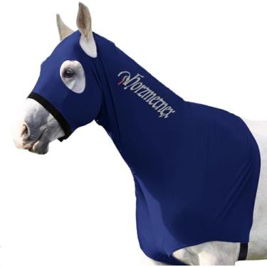 Imagem de Horzmetnex Capuz elástico de cavalo, protetor de crina de lycra, capuz de cavalo, proteção de crina, preparação para shows, treinamento (azul-marinho, G)