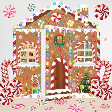 Imagem de 21 peças de decoração de porta de casa de pão de gengibre de Natal com cordão de luz pano de fundo de Natal banners pendurados balões de bengala doce decalques de chão de parede para férias de ano