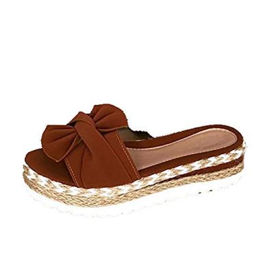 Imagem de Bigfanshu Sandálias femininas com laço para o verão, bonito, casual, confortável, sem cadarço, plataforma, vestido de festa, peep toe, chinelos femininos, Marrom, 8.5