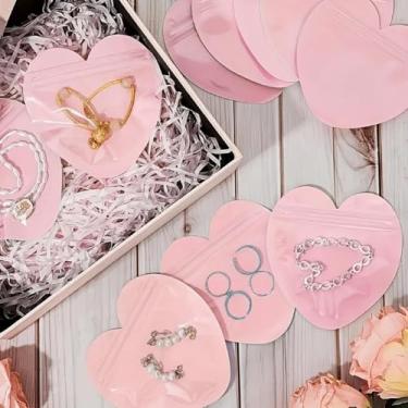 Imagem de 50 peças de sacos de joias em forma de coração, sacos de plástico transparente para lembrancinhas de casamento, festa de aniversário, doces, brincos, embalagem de anel (rosa, formato de coração)
