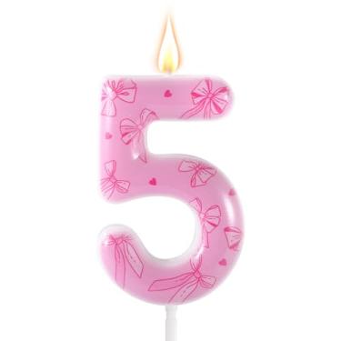 Imagem de Vela de aniversário com laço rosa, número com tema de laço elegante, enfeite de bolo de aniversário para mulheres, meninas, festas de casamento, chá de bebê, decorações de aniversário (número 5)