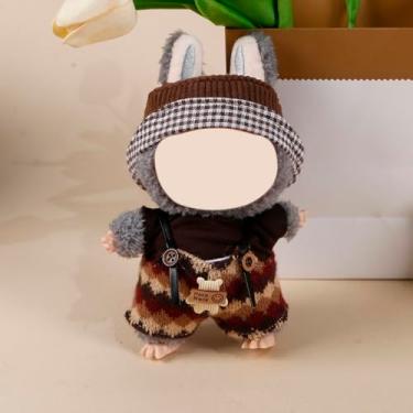 Imagem de Compatível com Labubu (sem boneca) - marrom - conjunto de malha vintage com acabamento xadrez (xadrez - gorro de malha + macacão com pingente de urso), roupas de boneca de 15 cm/17 cm (marrom - xadrez