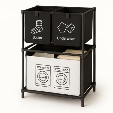 Imagem de Organizador de Lavanderia com 3 Cestos, Preto e Branco, Estrutura Metálica, Cestos para Roupas, Meias e Roupa Íntima, Design Moderno para Banheiro