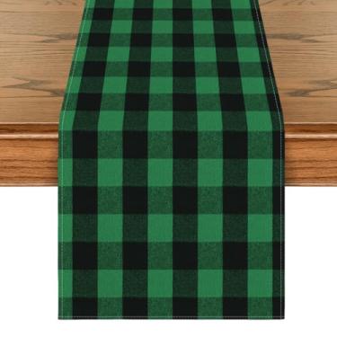 Imagem de Caminho de mesa de verão xadrez de búfalo verde e preto, decoração de mesa de cozinha sazonal outono feriado festa de casamento jantar decoração de aniversário 13x48 polegadas