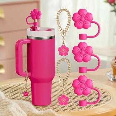 Imagem de Conjunto de 5 peças compatíveis com acessórios Stanley Cup, 3 topos de palha de flores compatíveis com capa de palha Stanley de 9 a 10 mm, 2 lindos pingentes de flores para copo com alça (rosa choque)