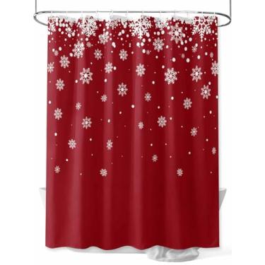 Imagem de Cortina de chuveiro vermelha com flocos de neve de Natal, textura branca de inverno, tecido lavável à prova d'água, conjunto de cortinas de chuveiro para decoração de banheiro, 91 x 182 cm de