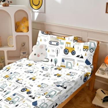Imagem de Yadangxiawa Jogo de edredom infantil, solteiro com zíper, estampa de construção, trator de caminhão, lençol com elástico e fronhas para todas as estações (construção)