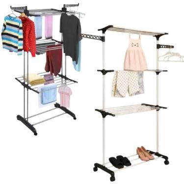 Imagem de Varal de Chão com 3 Andares, Bandejas Dobráveis e Cabideiro, Preto, Multiuso