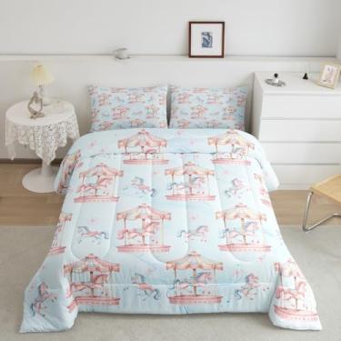 Imagem de Manfei Conjunto de edredom King com carrossel de unicórnio, parque de diversões romântico, cavalo sonhador, animal para quarto de adultos, estilo princesa, conto de fadas, rosa azul, edredom estrelado