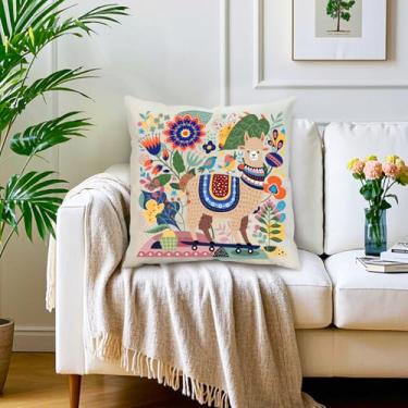 Imagem de Presentes florais coloridos de alpaca fronhas de lhama decoração de casa de fazenda fronhas de linho almofadas decorativas para sofá-cama capa de almofada de sofá pátio rústico decoração de casa sala