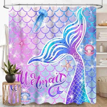Imagem de TKUYO Cortina de chuveiro sereia para meninas e crianças, arco-íris rosa roxo cauda de sereia escama de peixe colorido sonho oceano anime tecido impermeável para conjunto de cortina de chuveiro com