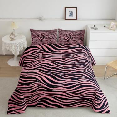 Imagem de Manfei Jogo de cama com estampa de zebra rosa, listras de zebra, decoração de quarto de meninos e adolescentes, pele de animal selvagem com 1 fronha para todas as estações, solteiro